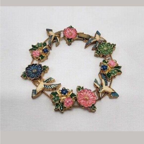 Vintage Enameled Hummingbird & Flowers Goldtone Slide Bracelet - Picture 2 of 6